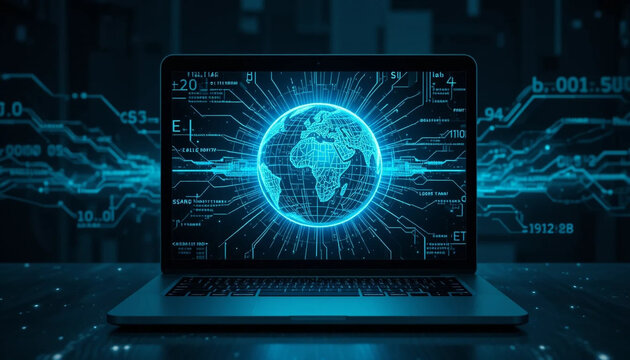 Futuristic Laptop with Digital Globe and Data Streams Representing Advanced Technology and Connectivity