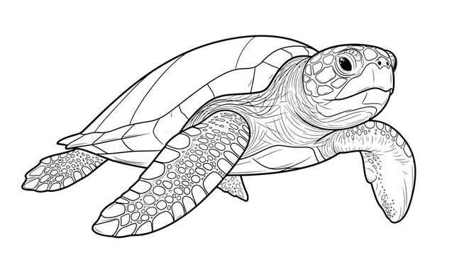 Detailed black and white line art illustration of a sea turtle swimming gracefully