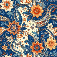 A vibrant paisley pattern with large, detailed flowers in orange, blue, and cream, set against a deep blue background.