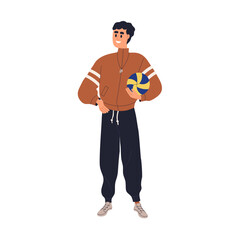 Man coach, sports trainer holding volleyball ball. Physical training and education teacher in sportswear with whistle, standing and smiling. Flat vector illustration isolated on white background