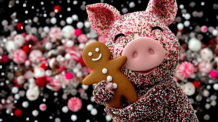 Festive piglet hugs gingerbread man amidst candy
