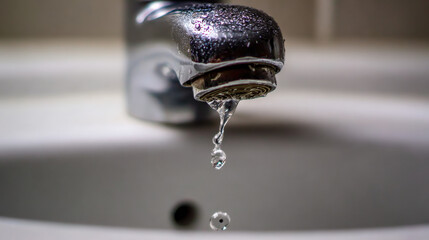 Water droplets splashing from dripping faucet into white sink basin illustrating ongoing leak and urgent repair