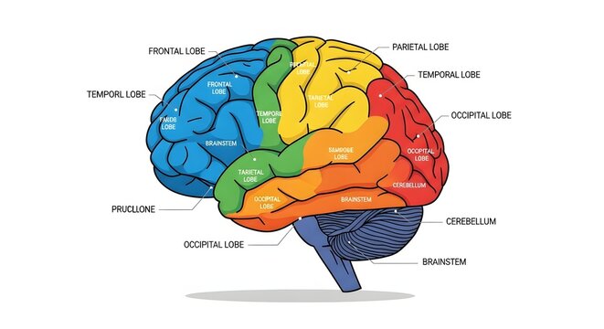 Human Brain Lobes and Cerebellum Anatomy Illustration