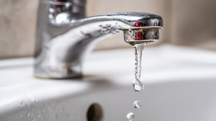 Water droplets splashing from dripping faucet into white sink basin illustrating ongoing leak and urgent repair