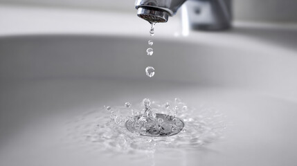 Water droplets splashing from dripping faucet into white sink basin illustrating ongoing leak and urgent repair