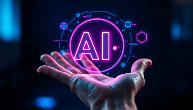 Hand holding glowing AI symbol with digital network and neon circle artificial intelligence - Powered by Adobe