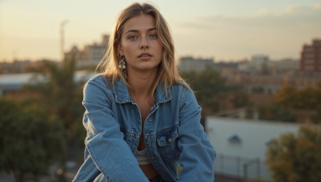 Portrait of a woman with blonde hair wearing a denim jacket outdoors city view