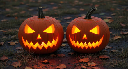 Fototapeta premium Two glowing jack o lanterns with scary faces carved for halloween night