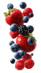 Mixed Berries Falling Isolated on Black Background, Strawberries, Blueberries, Raspberries, and Blackberries, Fresh and Juicy