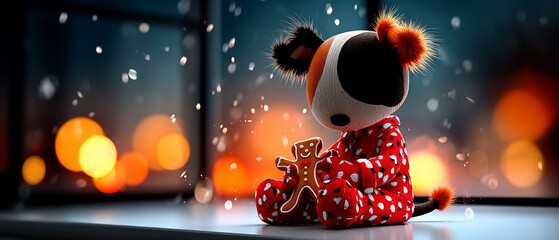 Festive pup in pajamas holds a gingerbread man by a snowy window at night