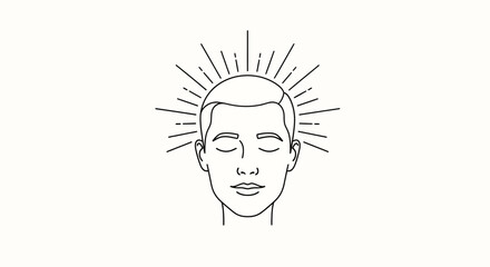 Minimalist line drawing of a serene face radiating light and tranquility