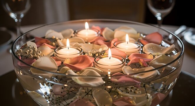 Romantic floating flower petal candles in a glass bowl for ambiance and celebration