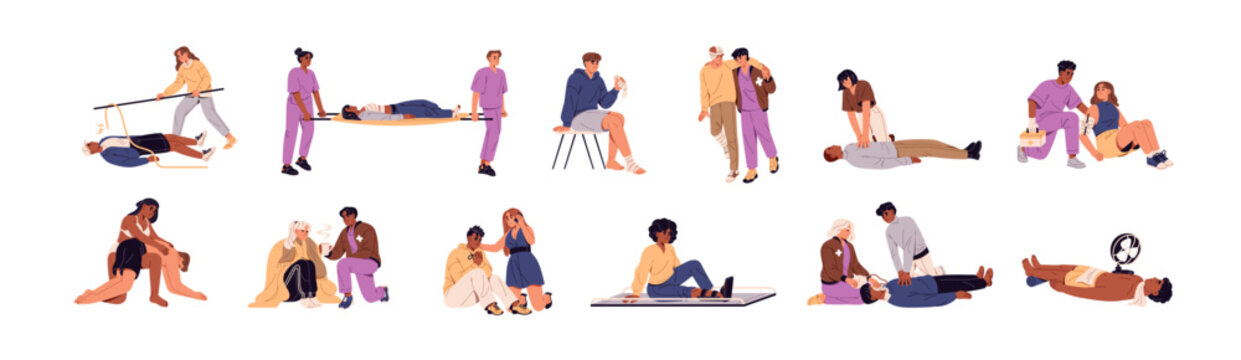 Providing first aid to victims set. Firstaid in emergency accidents. Medical help in heart attack, electric shock. CPR, applying bandage to injury. Flat isolated vector illustrations in white