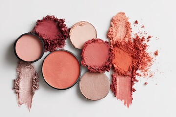 Assorted cosmetic products and colorful makeup textures arranged in flat lay on white background, showcasing smooth patterns and vibrant tones for modern beauty branding and editorial design