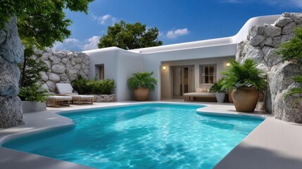Fototapeta premium Square pool in the Greek villa garden concept. A serene outdoor pool in a modern villa with lush greenery.