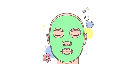 Illustrated serene woman enjoying a facial mask treatment for skin rejuvenation and self care