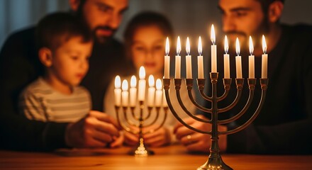 Family celebrating hanukkah lighting menorah candles together warm festive holiday spirit