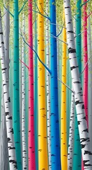 Obraz premium Vibrant Birch Forest with Colorful Painted Trunks and Green Leaves colorful trees vibrant colors