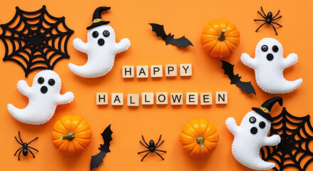 Fototapeta premium Cute and spooky halloween decorations featuring ghosts pumpkins bats and spiders on orange background