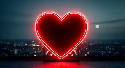 A large, glowing red neon heart sign illuminates the night sky, set against a blurred cityscape and a full moon, creating a romantic and vibrant atmosphere