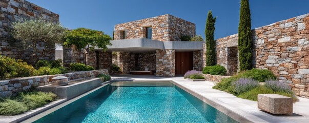 Fototapeta premium Square pool in the Greek villa garden concept. A modern house with a serene pool surrounded by lush greenery.
