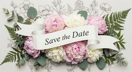Elegant Save the Date Announcement with Pink and White Peonies and Botanical Sketches