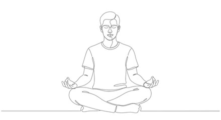 Minimalist single line art depicting a man meditating in lotus position promoting wellness and