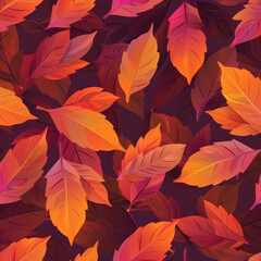 Minimalistic seamless autumn pattern with abstract leaves in warm gradient colors - orange and maroon. Modern seasonal background design