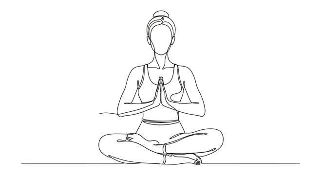Minimalist continuous line drawing of a woman in lotus pose, embracing mindfulness and inner peace