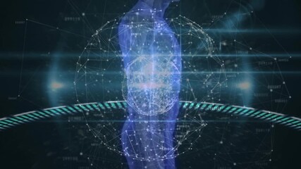 Animation of globe, connections and human body model on black background - Powered by Adobe