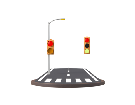 3D Cartoon Traffic Lights with Road and Pedestrian Crossing