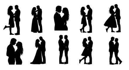 A collection of black silhouettes of couples embracing and dancing, representing romance, relationships, and love in various poses