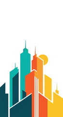 Obraz premium Modern City Skyline with Colorful Buildings and Sun.