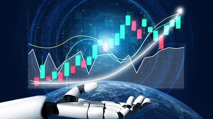 A robotic hand extends towards vibrant digital graphs, illustrating the intersection of technology and finance, highlighting trends and growth in a modern economy. Copula - Powered by Adobe