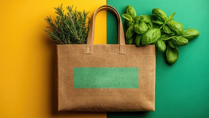 Brown paper bag with fresh herbs on a two-toned background