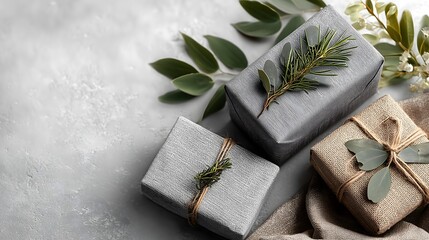 Elegant light gray gift boxes decorated with greenery on a soft, textured surface perfect for special occasions
