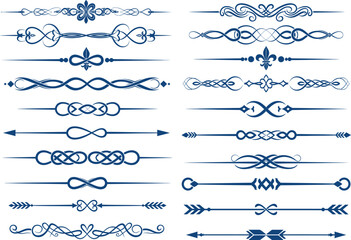 Fototapeta premium Decorative Blue Dividers Border Elements with Swirls and Flourishes on White