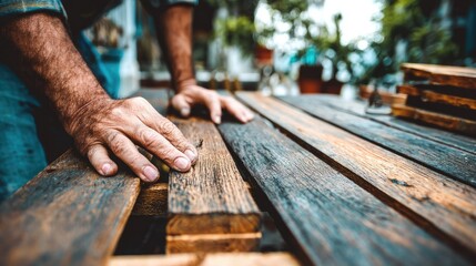 Close-up of weathered wooden planks being assembled.