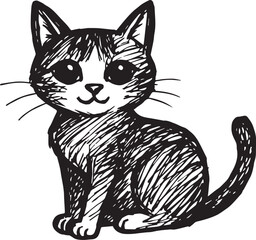 Cat Doodle Black and White Illustration Vector Image Cute Kitten Sketch Line Art Drawing Silhouette