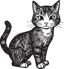 Cat Doodle Black and White Illustration Vector Image Cute Kitten Sketch Line Art Drawing Silhouette