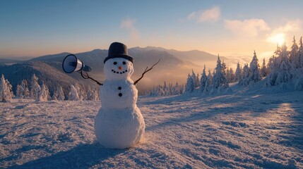 Fototapeta premium Snowman holding megaphone for Christmas concept. A cheerful snowman stands on a snowy mountain landscape.
