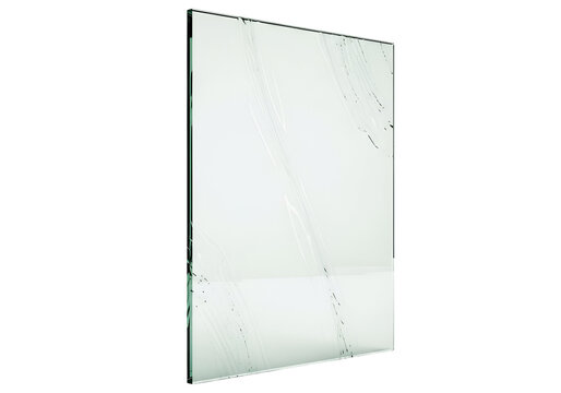 A rectangular piece of clear glass displays a network of intricate cracks, creating a visually striking design.