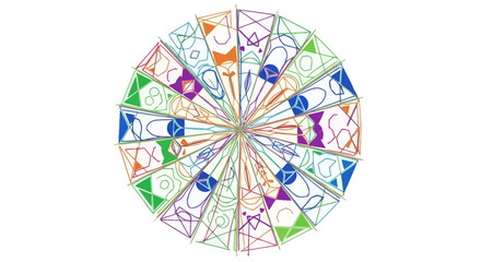 Whimsical geometric kaleidoscope illustration, symmetrical and artistic composition, colorful