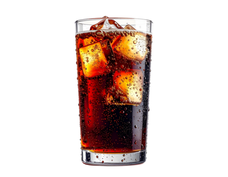 Glass of Fizzy Cola Drink with Ice Cubes and Bubbles Rising, Realistic PNG Design for Fast Food and Beverage Advertising
