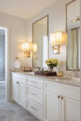 Elegant luxury bathroom interior with double vanity, gold fixtures, white marble tiles and large mirror, modern minimalist home design inspiration.