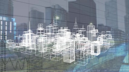 Animation of 3d city model over cityscape - Powered by Adobe