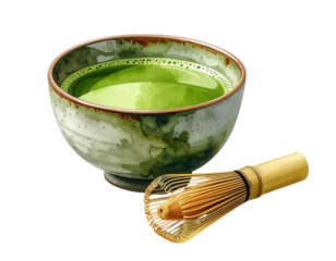 Traditional Japanese Matcha Drink in Bamboo Cup with Whisk, Minimalist PNG Illustration for Asian Culture Theme