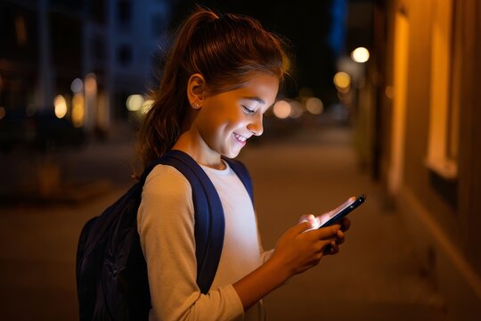Young girl using smartphone at night on city street mobile technology and communication