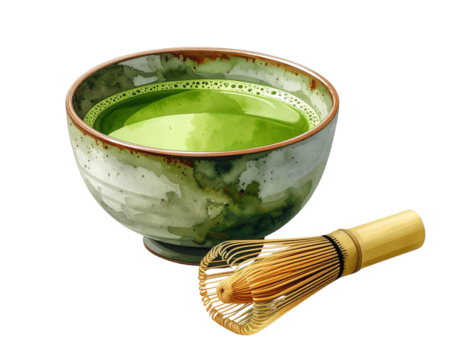 Traditional Japanese Matcha Drink in Bamboo Cup with Whisk, Minimalist PNG Illustration for Asian Culture Theme
