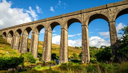 Obraz premium A majestic stone railway viaduct spans a valley, showcasing impressive arches and supporting pillars against a vibrant sky.